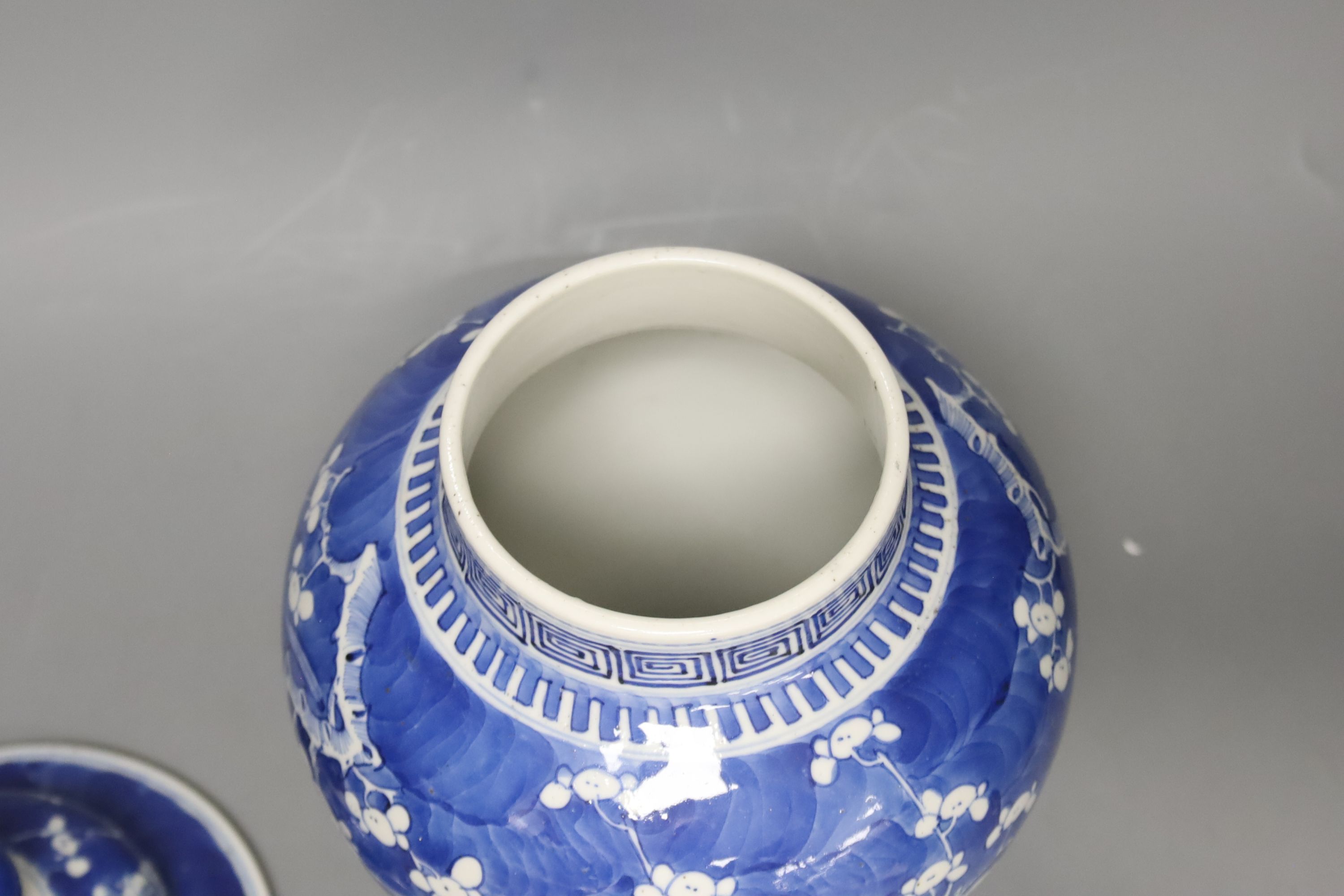 A 19th century Chinese blue and white prunus jar and cover, height, 33cm